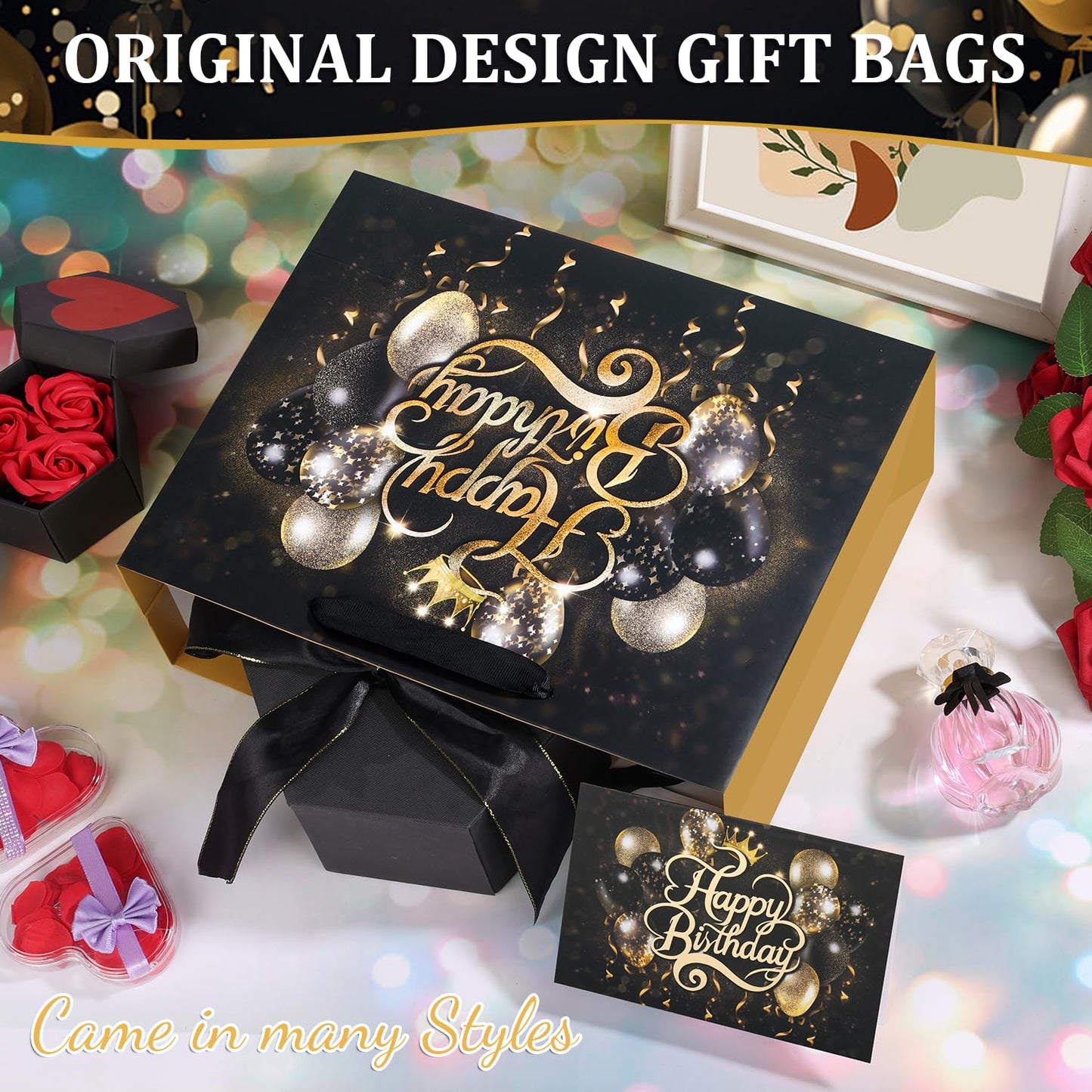 Black Birthday Gift Bag with Tissue Paper and Greeting Card, 12.6“x9.9"x4.3" Happy Birthday Gift Bags for Party, Yellow Balloon Design Gift Wrap Bags Decor for Men, Women and Kids, 1 PCS, Medium Size