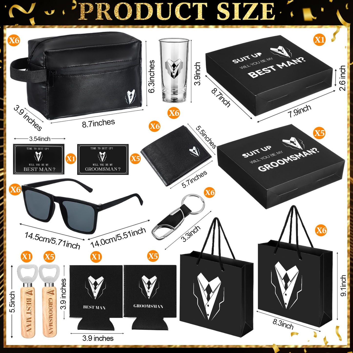 Roshtia 60 Pcs Groomsmen Proposal Gifts Set, Including 6 Toiletry Bags 6 Sunglasses 6 Cups 6 Can Sleeves 6 Beer Openers 6 Wallets 6 Keychains 6 Postcards 6 Gift Boxes 6 Gift Bags for Wedding Party