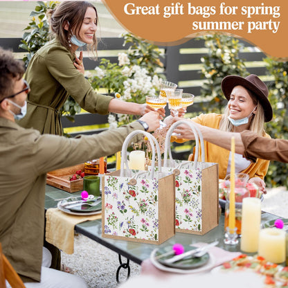 Gilprop 6 Pack Spring Wildflowers Burlap Gift Bags with Handle Button Reusable Jute Tote Bags Flowers Double Sided Tote for Party Wedding Bridesmaid Travel Home Decor 7.9 x 7.9 Inch(Classic)