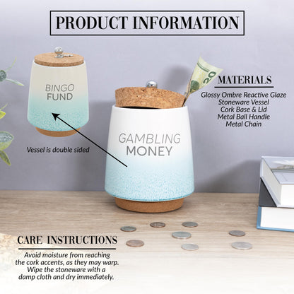 Pavilion Gift Company - Gambling Money 6.5-inch Unique Ceramic Piggy Bank Savings Bank Money Jar with Cork Base and Cork Lid, Ombre Teal