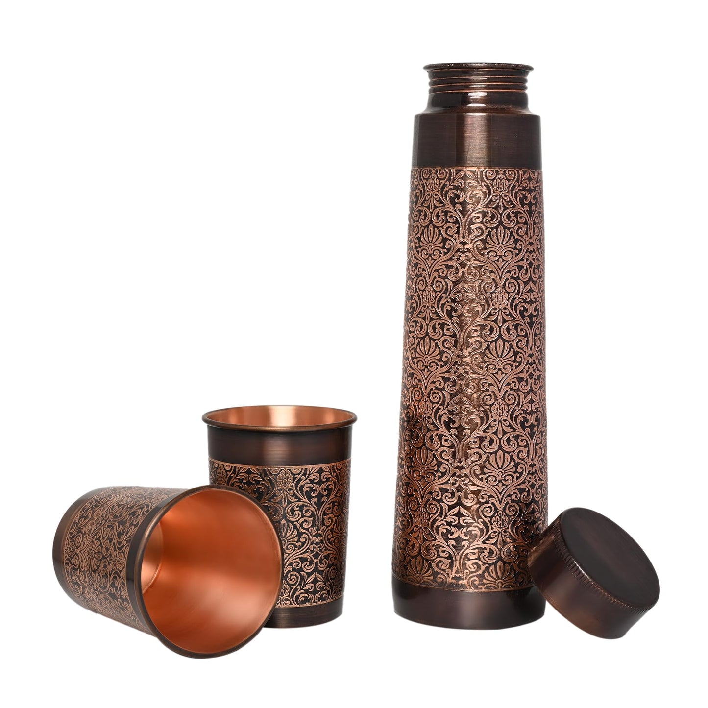 Pure Copper Water Bottle with 2 Tumblers Set, Beautiful Floral Pattern Light House Shape For Ayurveda Health Benefits