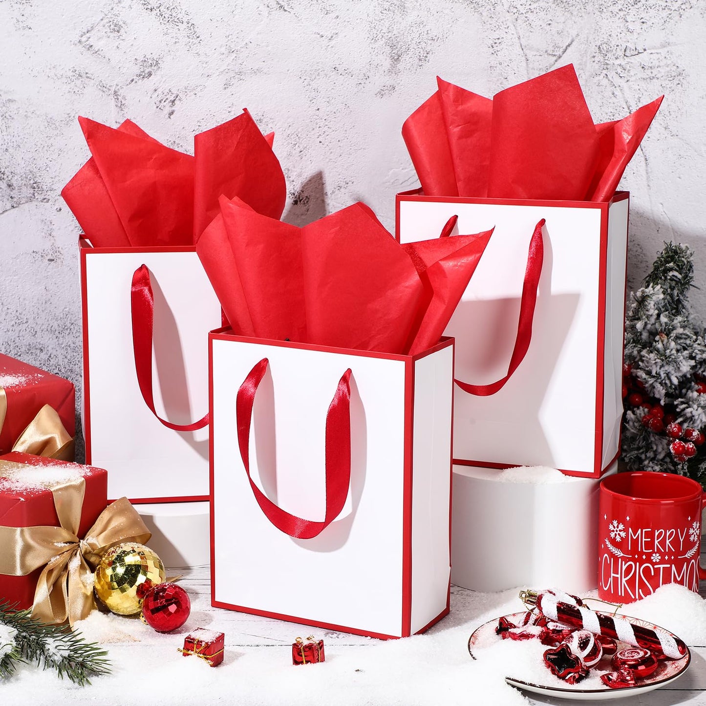 Yeaqee 24 Pack Metallic Paper Gift Bags with Handle and Tissue 9x7x3.1 Gold Foil Welcome Thank You Favor Bags Return Gifts for Wedding Graduation Bridesmaid Groomsmen Birthday(White, Dark Red)