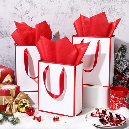 Yeaqee 24 Pack Metallic Paper Gift Bags with Handle and Tissue 9x7x3.1 Gold Foil Welcome Thank You Favor Bags Return Gifts for Wedding Graduation Bridesmaid Groomsmen Birthday(White, Dark Red)