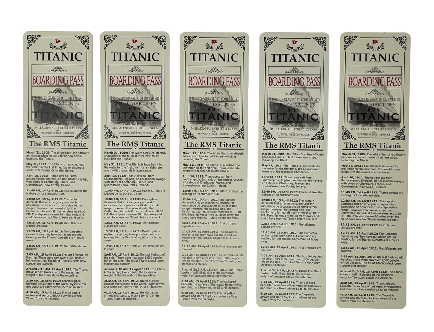 Titanic Bookmark Ticket Boarding Pass Merchandise RMS Titanic Gifts Memorabilia 5 Pack