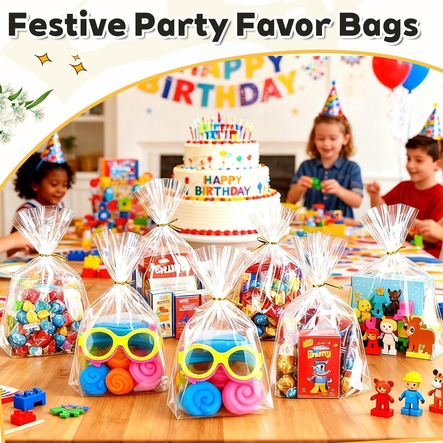 PigPotParty Cellophane Bags 8x11 Inch, 50 Pack Clear Plastic Gift Bags with Bottom Gusset for Stand-Up Display, Medium Cello Gift Wrap for Goodies, Treats, Party Favors, Mugs, Includes 50 Gold Ties