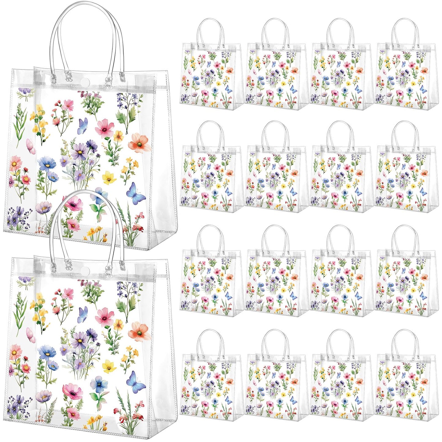 Resholder 24 Pcs Spring Floral Clear Gift Bags Wildflowers Goodie Bags with Handle 8 x 8 x 3.15 Inch Return Gift Wrap Tote for Guests Birthday Bridal Shower Wedding Tea Spring Summer Party Supplies