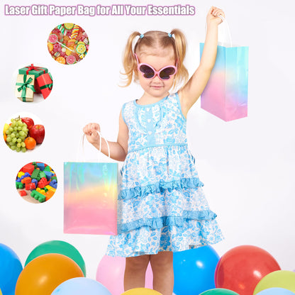 MIMIND 24 Pack Iridescent Paper Gift Bags with Handles Holographic Party Favor Bags with Tissue Paper 8.7 x 6.3 x 3.1 Inch Glitter Gradient Pink and Blue Goodie Candy Bag for Wedding Birthday Parties
