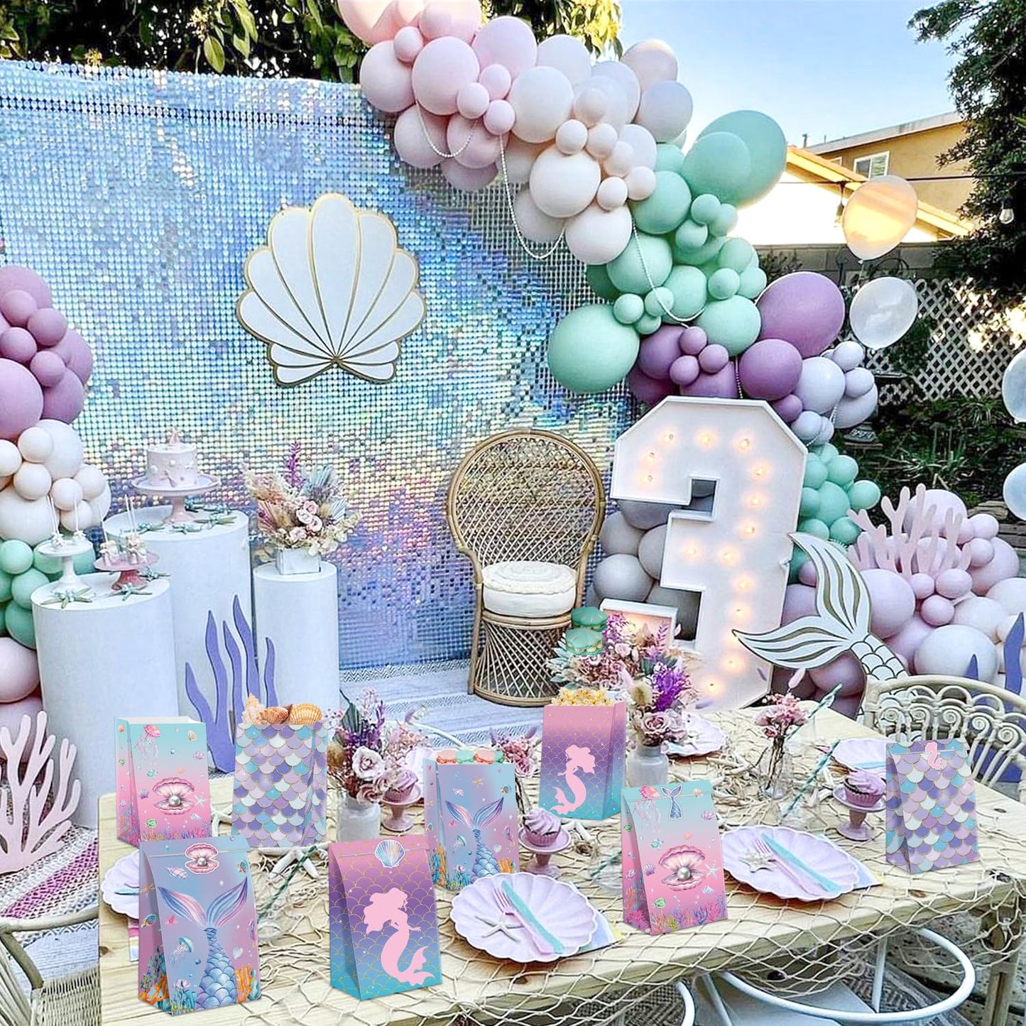 XJLANTTE 20 Pcs Mermaid Goodie Bags - Mermaid Party Favor Bags with Tail Stickers, Under The Sea Paper Gift Bags, Scale Party Bags for Kids Girls Under The Sea Themed Little Mermaid Party Decorations