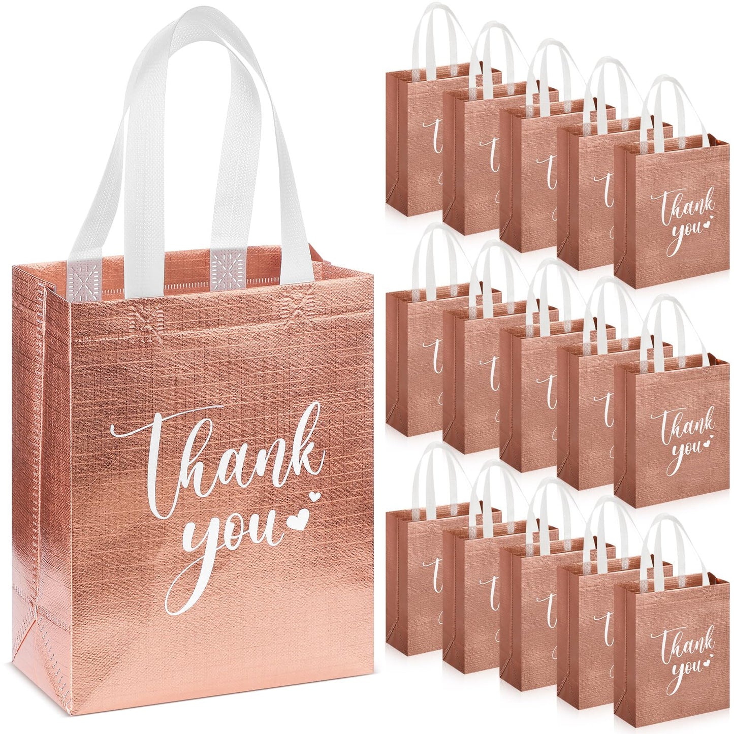 Sweetude 30 Pcs Thank You Gift Bags with Handles, Reusable Non Woven Foldable Goodie Bags Bulk for Graduation Teacher Appreciation Wedding Bridesmaid Favors(10 x 8 x 4 Inch,Rose Gold)