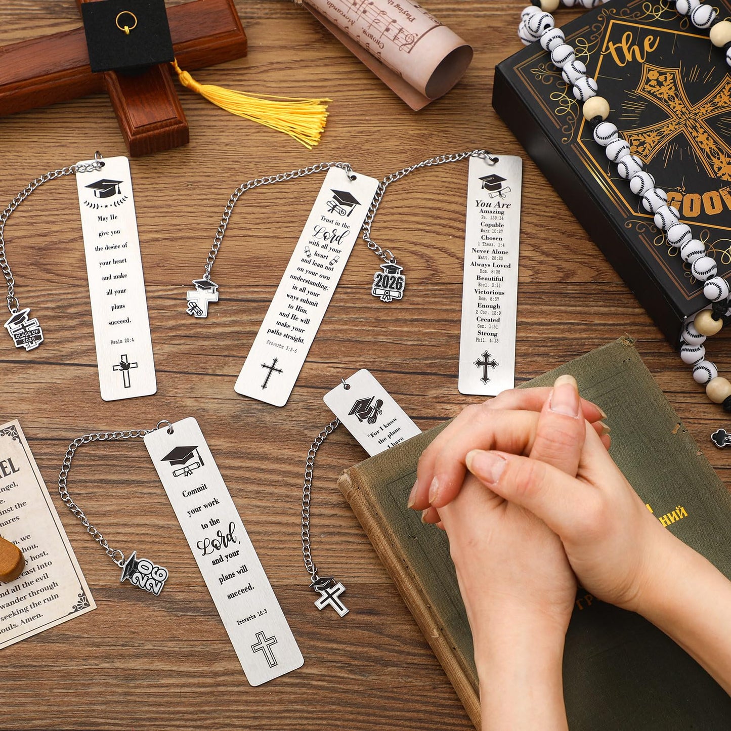 12 Pcs Metal Bible Verse Bookmark Christian Graduation Gifts Inspirational Cross Chain Religious Graduation Gift Class of 2026 for Graduates College High Middle School Student Grad Him Her