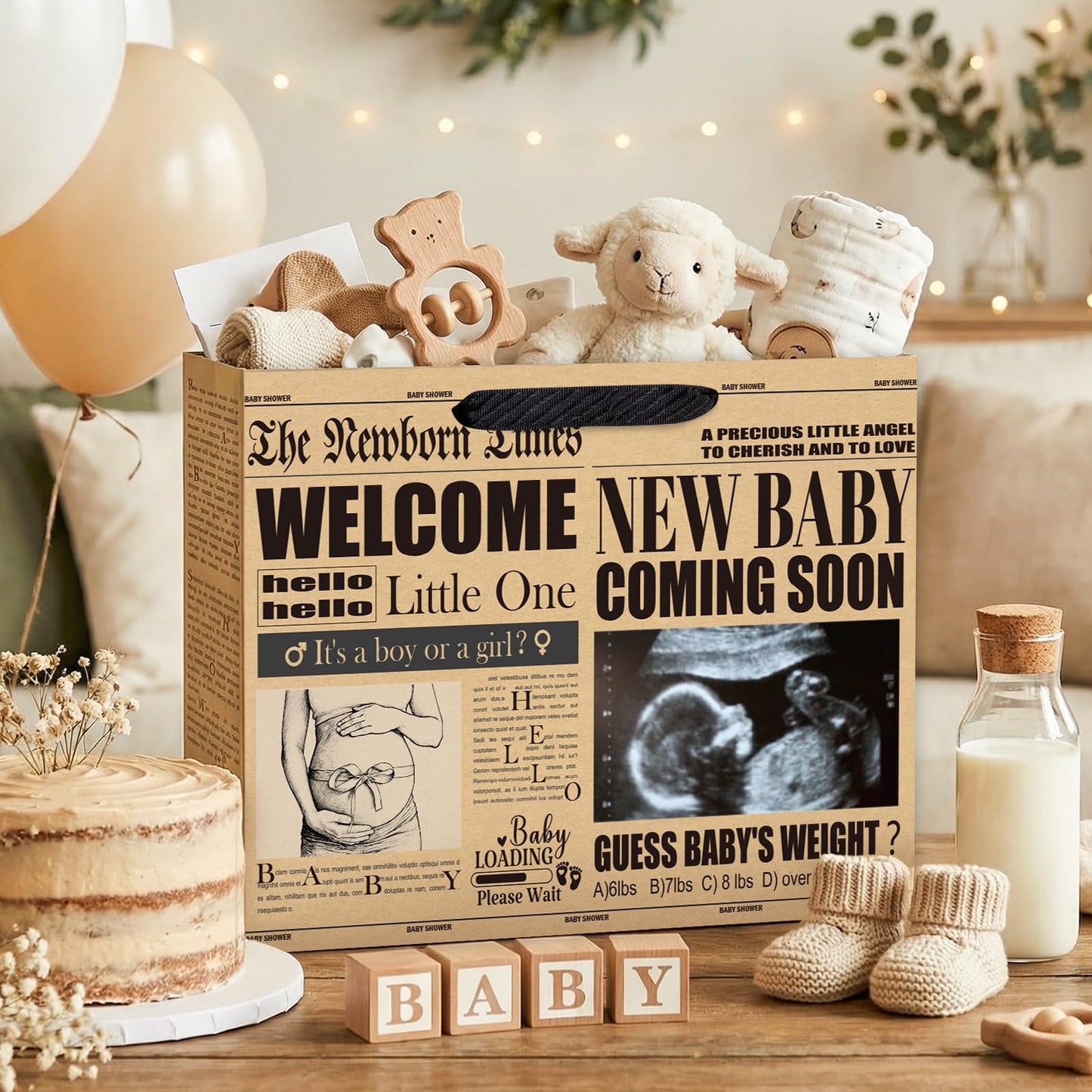 Loveinside 13" Large Baby Shower Newspaper Gift Bag, Vintage Welcome New Baby Design, Gender Neutral Kraft Party Bag with Tissue Paper for Pregnancy Announcement, Newborn Gifts, 13" x 5" x 10", 1 Pcs