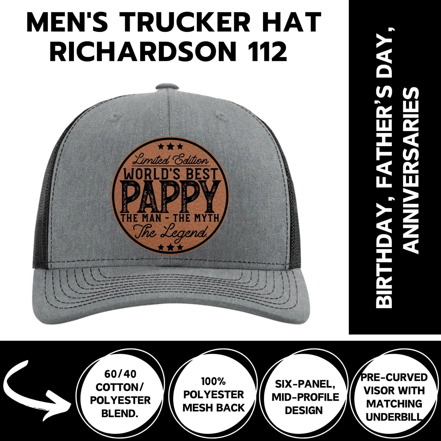 Pappy Gifts - Fathers Day Hats for Grandpa - Worlds Best Pappy - Promoted to Grandpa Fathers Day Christmas Birthday Gift - Man Myth Legend - Golf Hats for Men 2025 - Richardson 112 Trucker Hat