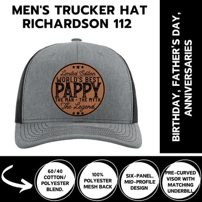 Pappy Gifts - Fathers Day Hats for Grandpa - Worlds Best Pappy - Promoted to Grandpa Fathers Day Christmas Birthday Gift - Man Myth Legend - Golf Hats for Men 2025 - Richardson 112 Trucker Hat