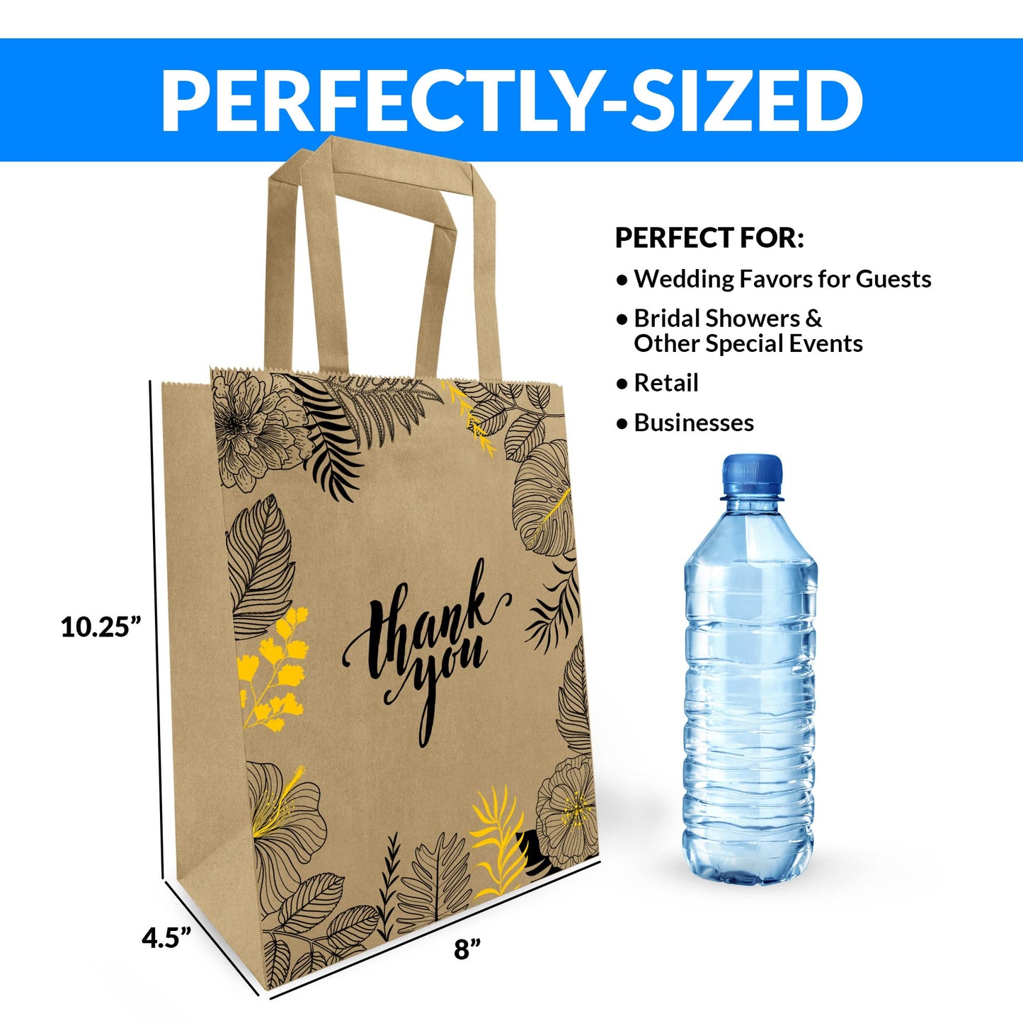 Reli. Paper Bags | 110 Pcs Bulk | 8"x4.5"x10.25" | Paper Thank You Bags | Brown Kraft Handles | Printed Small Thank You Giftbag for Guests | Gifts, Wedding, Merchandise, Business