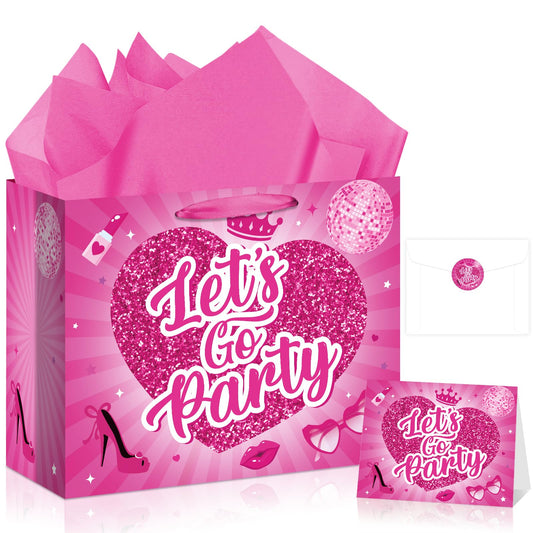 Allparty 11.8” Hot Pink Gift Bag, Let’s Go Party Design with Wrapping Paper, Card, Envelope & Sticker for Girls Birthday, Bridal Shower, Bachelorette Party Supplies