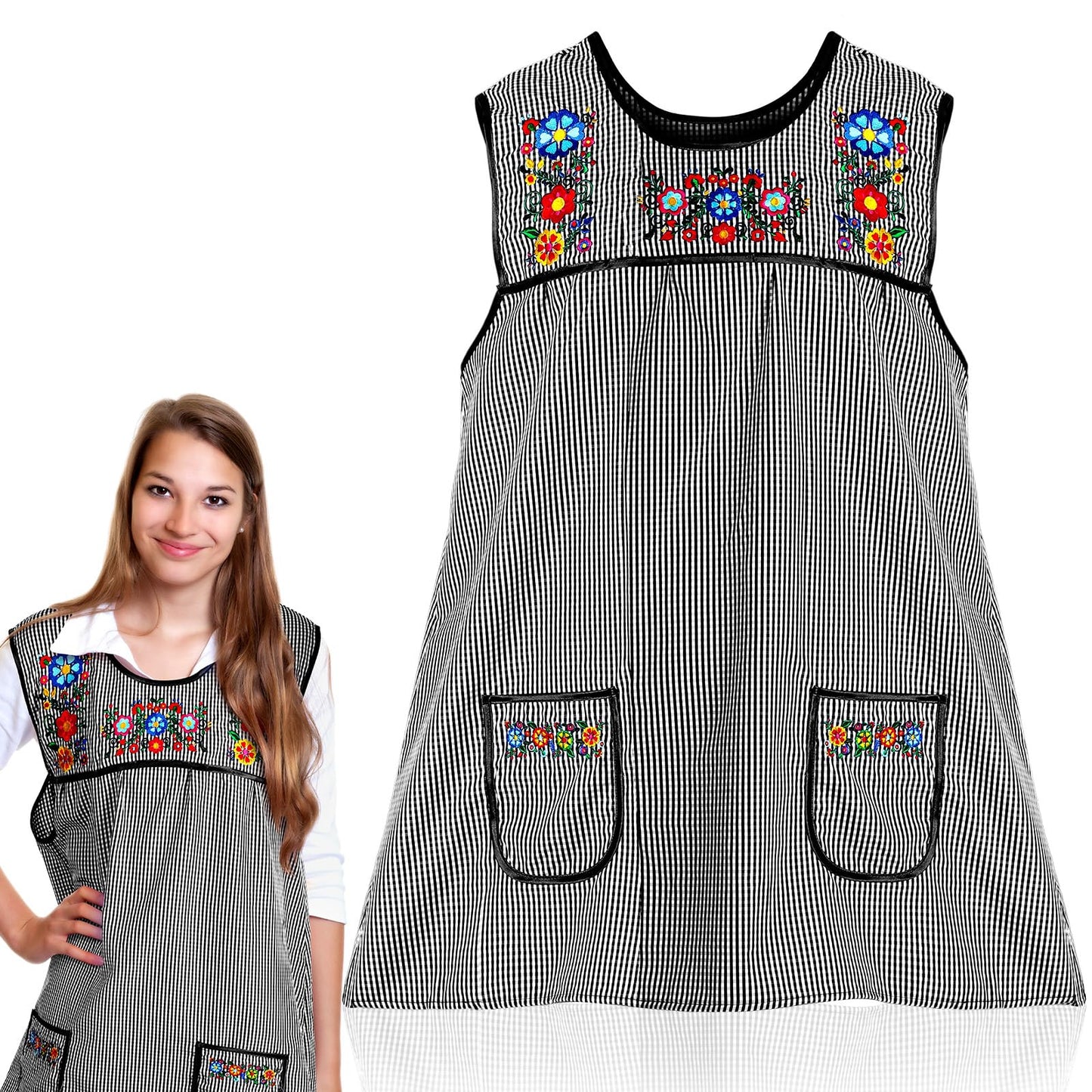 Coume Traditional Mexican Apron for Women Pocket Beautiful Flower Embroidery Apron Mandile Para Mujer Grandma Gift