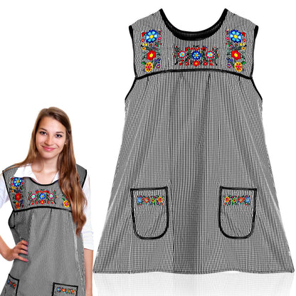 Coume Traditional Mexican Apron for Women Pocket Beautiful Flower Embroidery Apron Mandile Para Mujer Grandma Gift