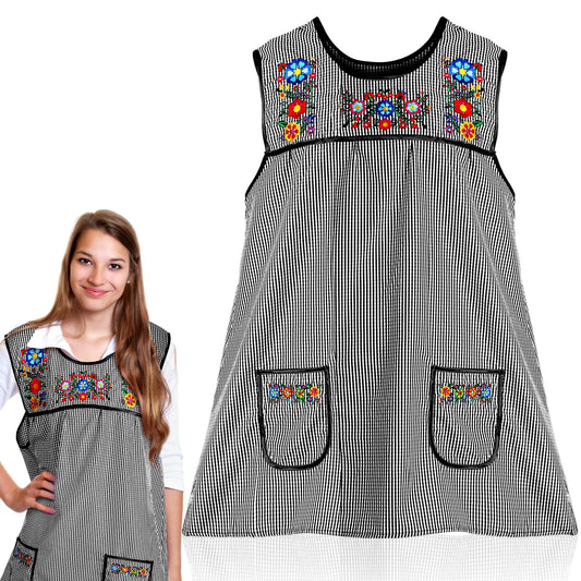 Coume Traditional Mexican Apron for Women Pocket Beautiful Flower Embroidery Apron Mandile Para Mujer Grandma Gift