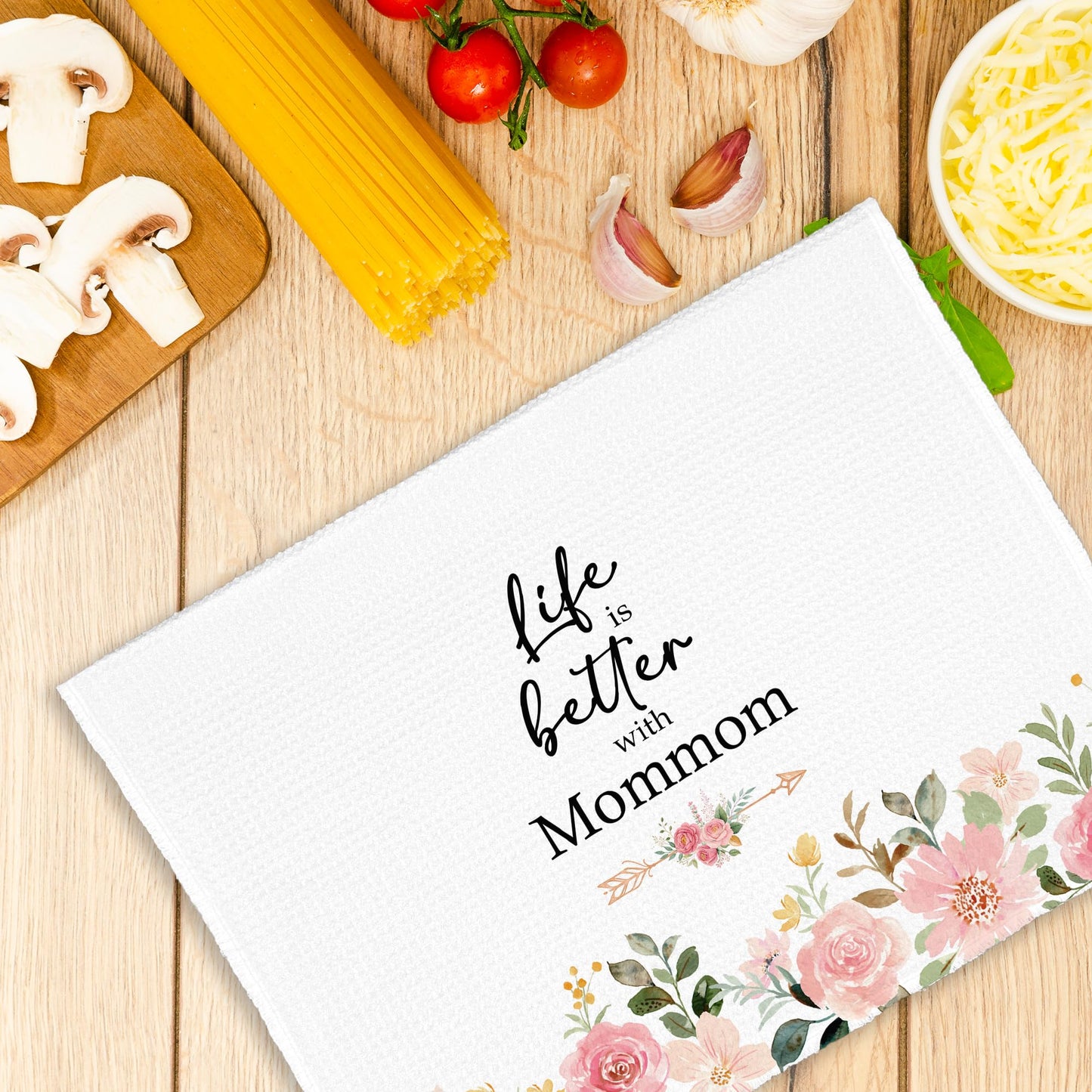 Mommom Grandma Kitchen Towels Gifts, Life is Better with Mommom Gifts for Birthday Mother's Day, Pink Floral Rose Peony Hand Towels Decor for Bathroom, Rustic Dish Tea Bar Towel Home 16x24in
