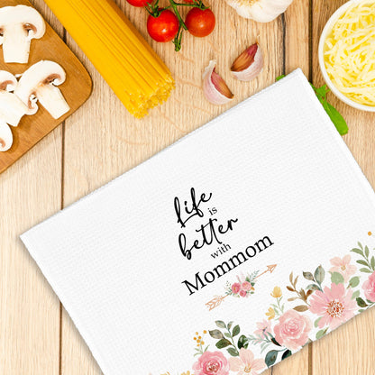 Mommom Grandma Kitchen Towels Gifts, Life is Better with Mommom Gifts for Birthday Mother's Day, Pink Floral Rose Peony Hand Towels Decor for Bathroom, Rustic Dish Tea Bar Towel Home 16x24in