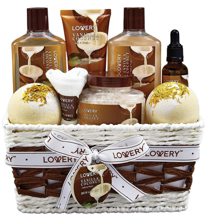 Gifts For Women Gift Basket for Women– Mothers Day Gifts for Mom, 9 Piece Set of Vanilla Coconut Home Spa Set, Luxurious Bath and Body Set, Includes Fragrant Lotions, Large Bath Bombs, Coconut Oil