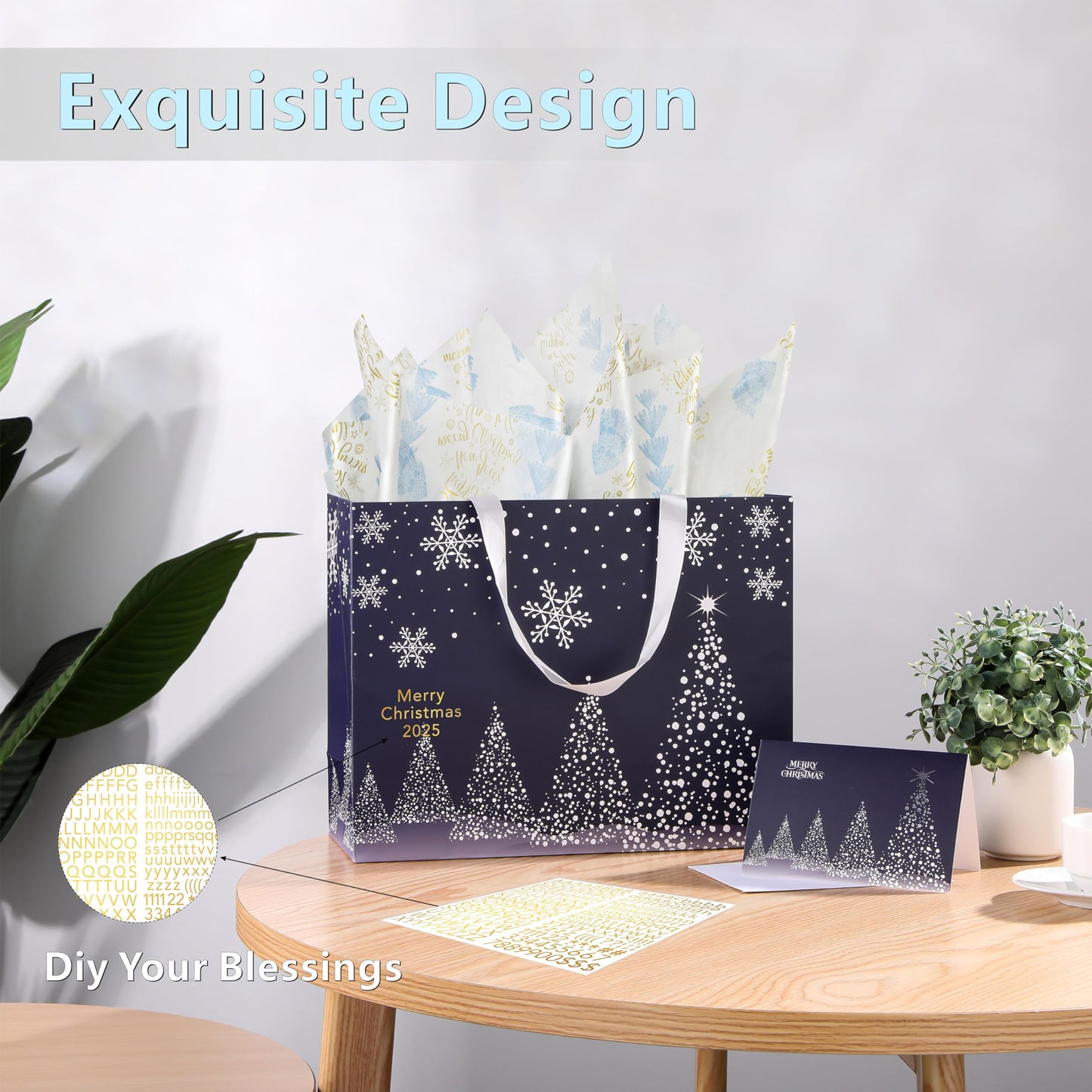 Bobobag 13" Deep Blue Large Christmas Gift Bag with Tissue Paper and Greeting Card, Personalized Platinum Quality Gift Bag for Man's Present