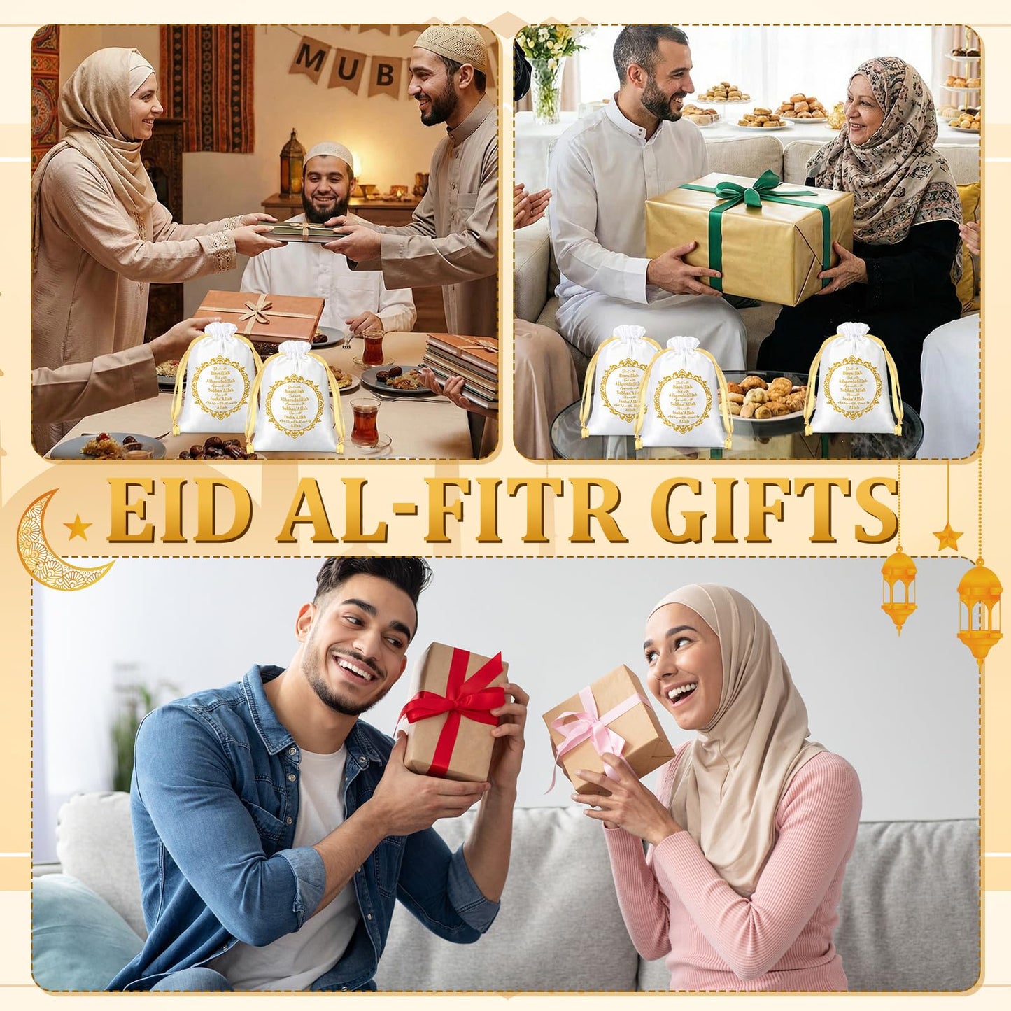 SATINIOR 36 Pcs Eid Ramadan Mubarak Satin Gift Bags 5 x 7 Inch Drawstring Eid Party Favor Silk Bags Mubarak Jewelry Pouch for Islamic Ramadan Gift Supplies Candy Bag Muslim Party Decoration