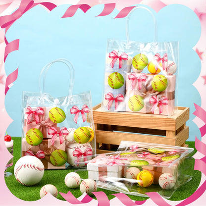 Teenyyou 24 Pcs Softball Clear Gift Bag with Handles Plastic Soft Ball Goodie Sport Theme Party Favor Team Treat Bag with Pink Bow for Birthday Team Snack, 8 x 8 x 3.15 Inches