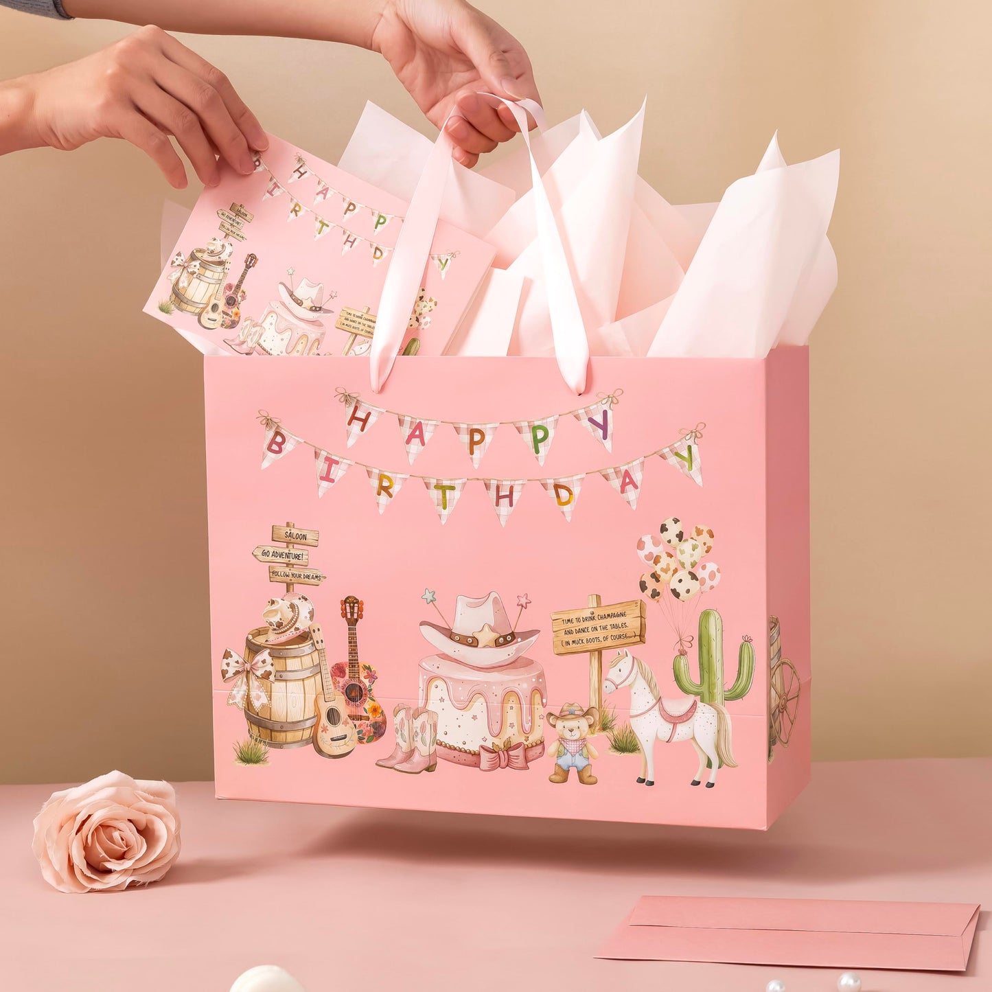 Crisky Large Cowgirl Birthday Bags for Girls with Card and Tissue Papers, Pink Bear Large Girl Birthday Gift Bag for Western Cowgirl Party Favors Decorations Bday Gifts, 13"
