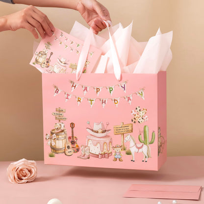 Crisky Large Cowgirl Birthday Bags for Girls with Card and Tissue Papers, Pink Bear Large Girl Birthday Gift Bag for Western Cowgirl Party Favors Decorations Bday Gifts, 13"