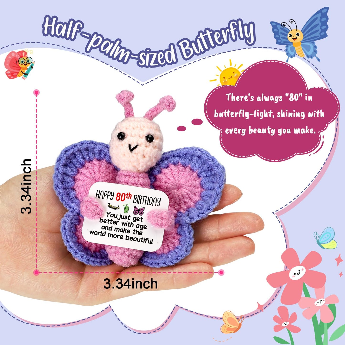 80th Birthday Gifts for Women, Tiny Crochet Butterfly Plush with Pink Purple Wings Holding Positive Note, Happy 80th Birthday Decoration & Gift for 80 Year Old Women