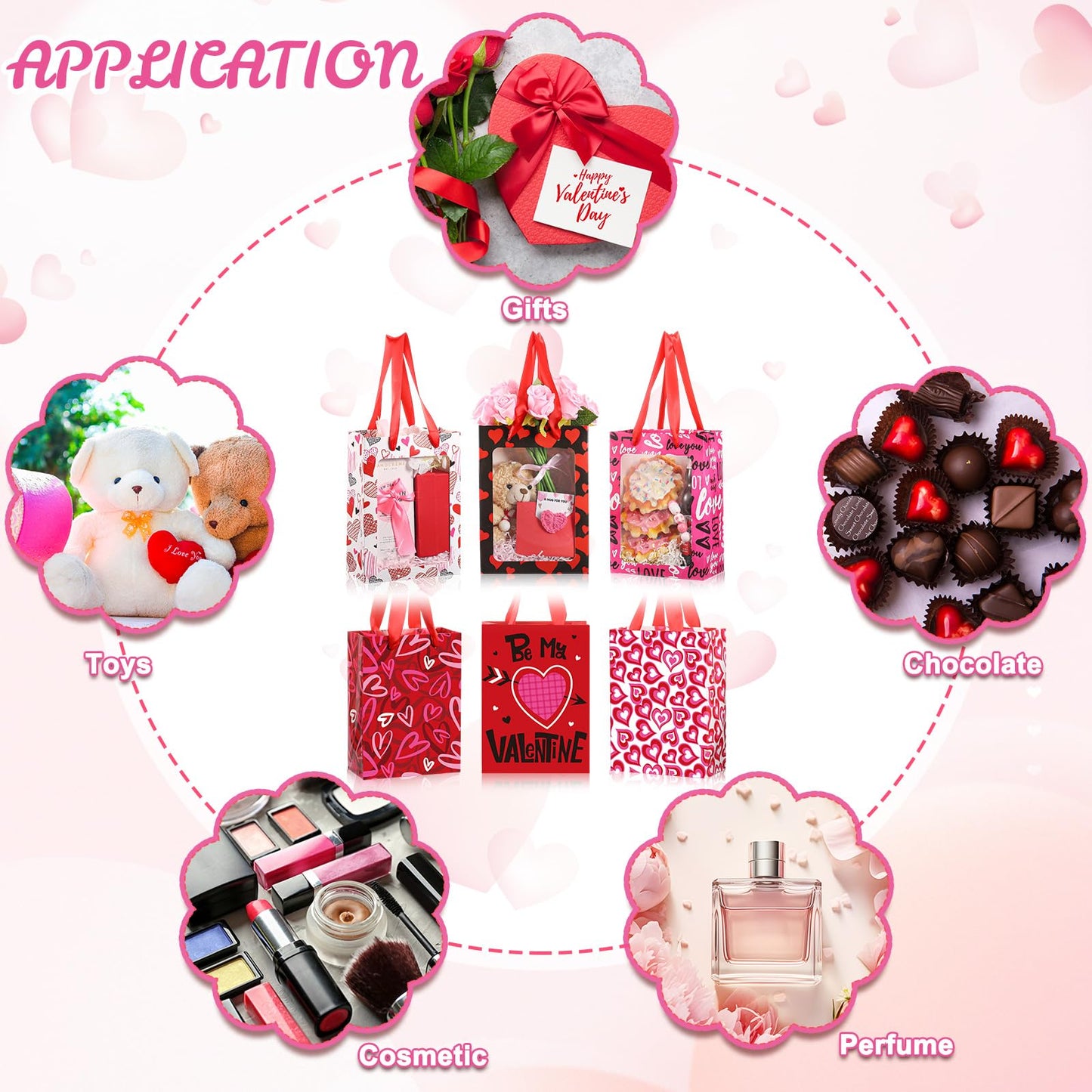 Frienda 12 Pcs Valentines Gift Bags Bulk Heart Goodie Bags with Clear Window and Handle Pink Red Happy Valentine's Day Paper Gift Wrap Love Tote Pouches for Party Favors Wedding Birthday Party