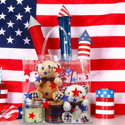 Kosiz 24 Pcs Patriotic Gift Bags Patriotic Party Favors Red White Blue American Star Clear PVC Gift Bags, Memorial Day Independence Day 4th of July with Handle for USA Party Supplies
