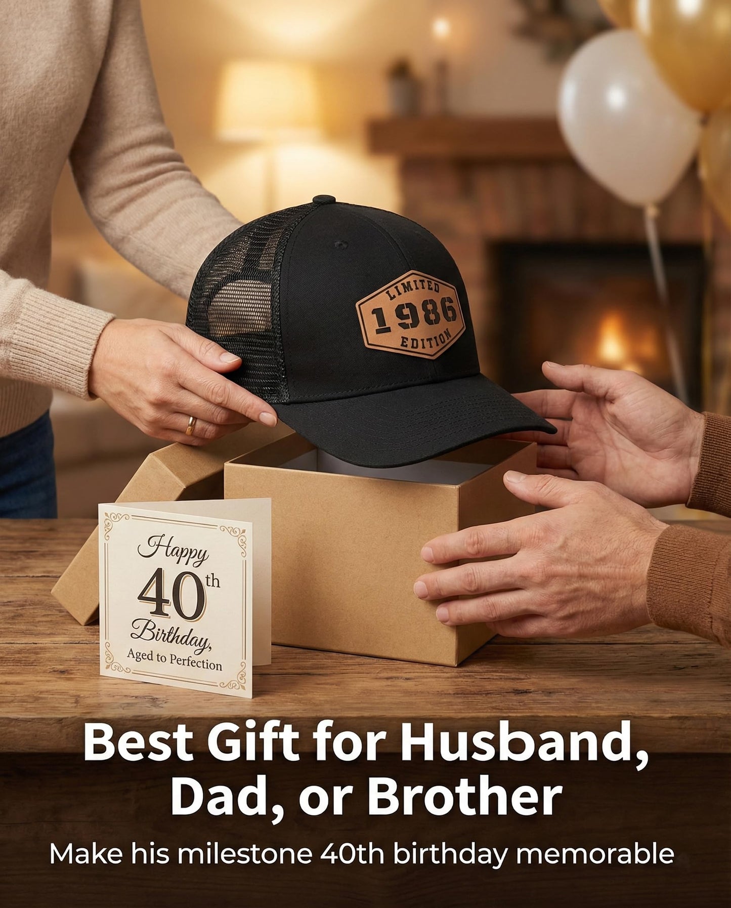 40th Birthday Gifts for Men - 40th Birthday Decorations for Men, Adjustable Trucker Hat with Leather Patch