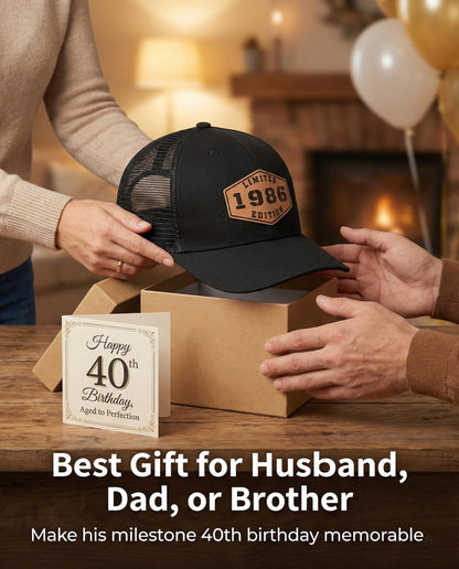 40th Birthday Gifts for Men - 40th Birthday Decorations for Men, Adjustable Trucker Hat with Leather Patch
