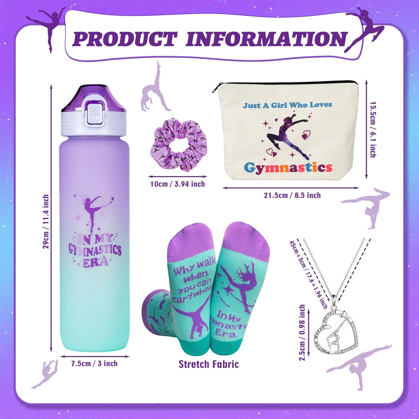 Gymnastics Gifts for Girls - Gymnastics Water Bottle, Cosmetic Bag, Necklace, Scrunchie, Socks, 50 Pcs Stickers - Gymnastics Party Favors for Girls, Birthday Gifts for Gymnastics Lovers
