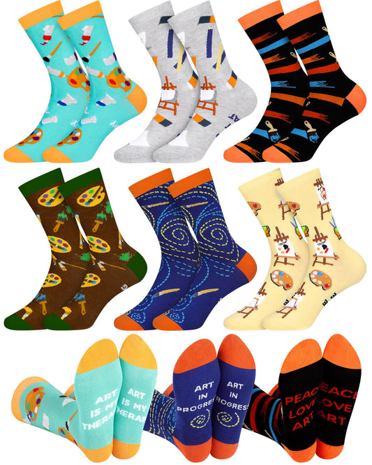 Berlune 6 Pairs Artist Socks for Women Men Funny Painting Crew Socks, Novelty Art Gifts for Painters, Art Teachers, Students