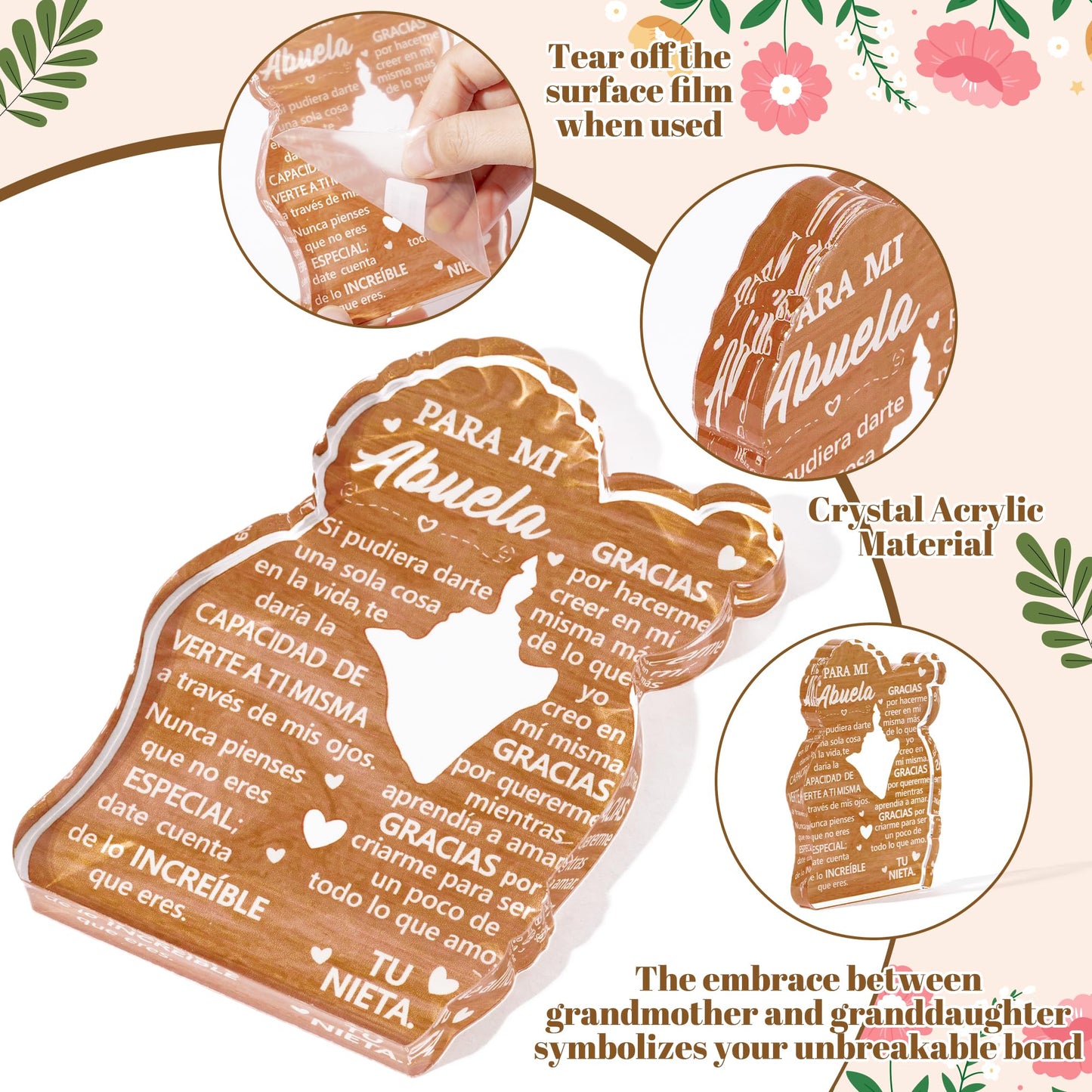 Yopyame Gift for Grandma from Granddaughter - Spanish Abuela Heartwarming Keepsake Grandma Granddaughter Embracing Acrylic Plaque Sign Best Grandmother Ever Gift Regalos para Abuela Birthday Gifts