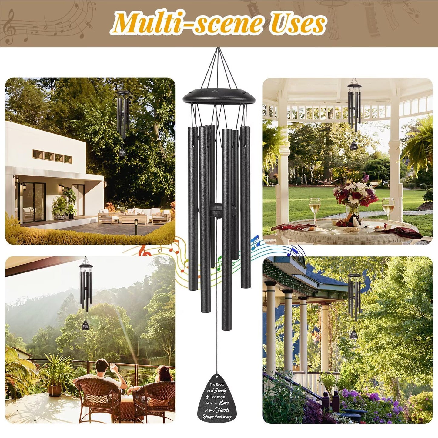 60th Anniversary Wind Chimes Gifts for Men Women,Romantic 60 Year Anniversary for Couples, Wife, Husband, Parents, Friends, 60th Wedding Gifts Idea of Happy Anniversaries Decorations,Black