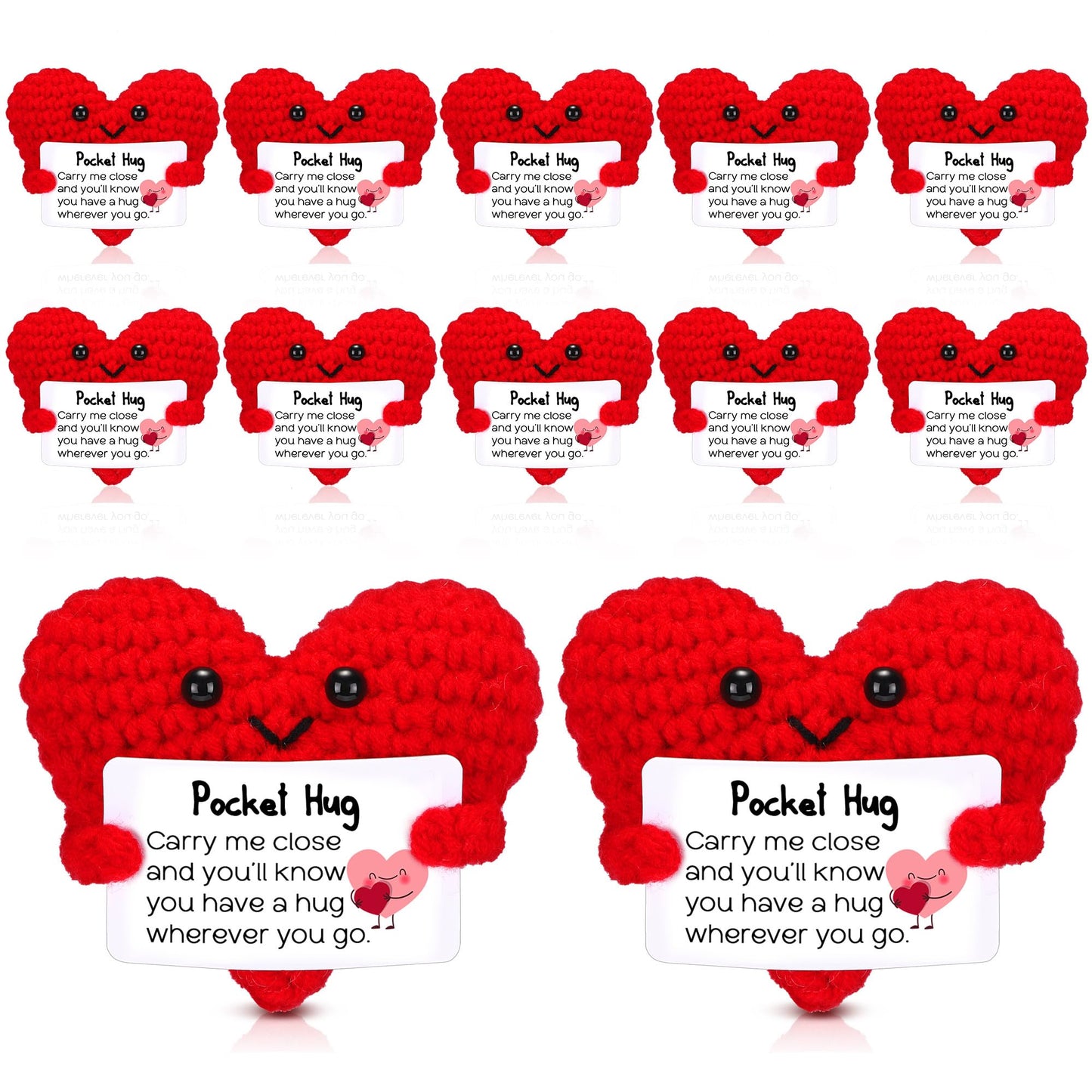 HyDren 12 Pcs Crochet Pocket Hug Heart Gifts with Inspirational Cards Handmade Heart Plush Bulk for Teacher Appreciation Graduation Friendship Encouragement Support Gifts