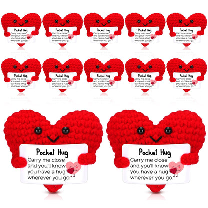 HyDren 12 Pcs Crochet Pocket Hug Heart Gifts with Inspirational Cards Handmade Heart Plush Bulk for Teacher Appreciation Graduation Friendship Encouragement Support Gifts