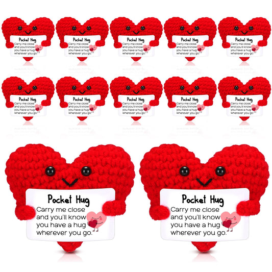 HyDren 12 Pcs Crochet Pocket Hug Heart Gifts with Inspirational Cards Handmade Heart Plush Bulk for Teacher Appreciation Graduation Friendship Encouragement Support Gifts