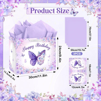 LUUFILx Butterfly Birthday Gift Bag for Girls Women Butterfly Flower Party Favor Bags with Wrapping Paper Card Purple Pink Floral Gift Bag for Baby Shower Birthday Decorations Party Supplies (Purple)