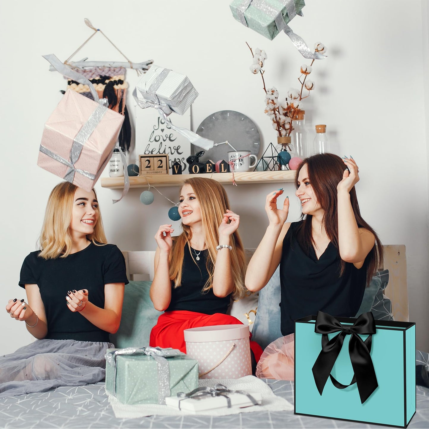 Patdefie 12 Pack Teal Gift Bags with Handle 12.5x10x4.3 inch Thank You Favor Welcome Bags Return Gifts for Wedding Mothers Graduation Baby Shower Birthday Thanksgiving(teal balck)