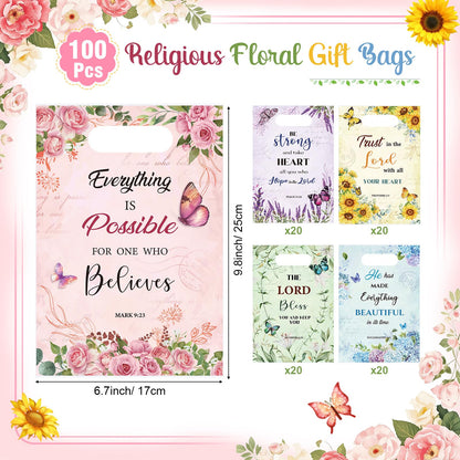 Pajean 100 Pcs Christian Gift Bags Mother's Day Floral Bible Verse Plastic Bags with Handles Religious Party Favor Pouch Inspirational Flower Candy Goodie Pouch for Women Wedding Church Gifts Supply