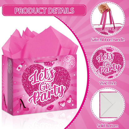 Allparty 11.8” Hot Pink Gift Bag, Let’s Go Party Design with Wrapping Paper, Card, Envelope & Sticker for Girls Birthday, Bridal Shower, Bachelorette Party Supplies