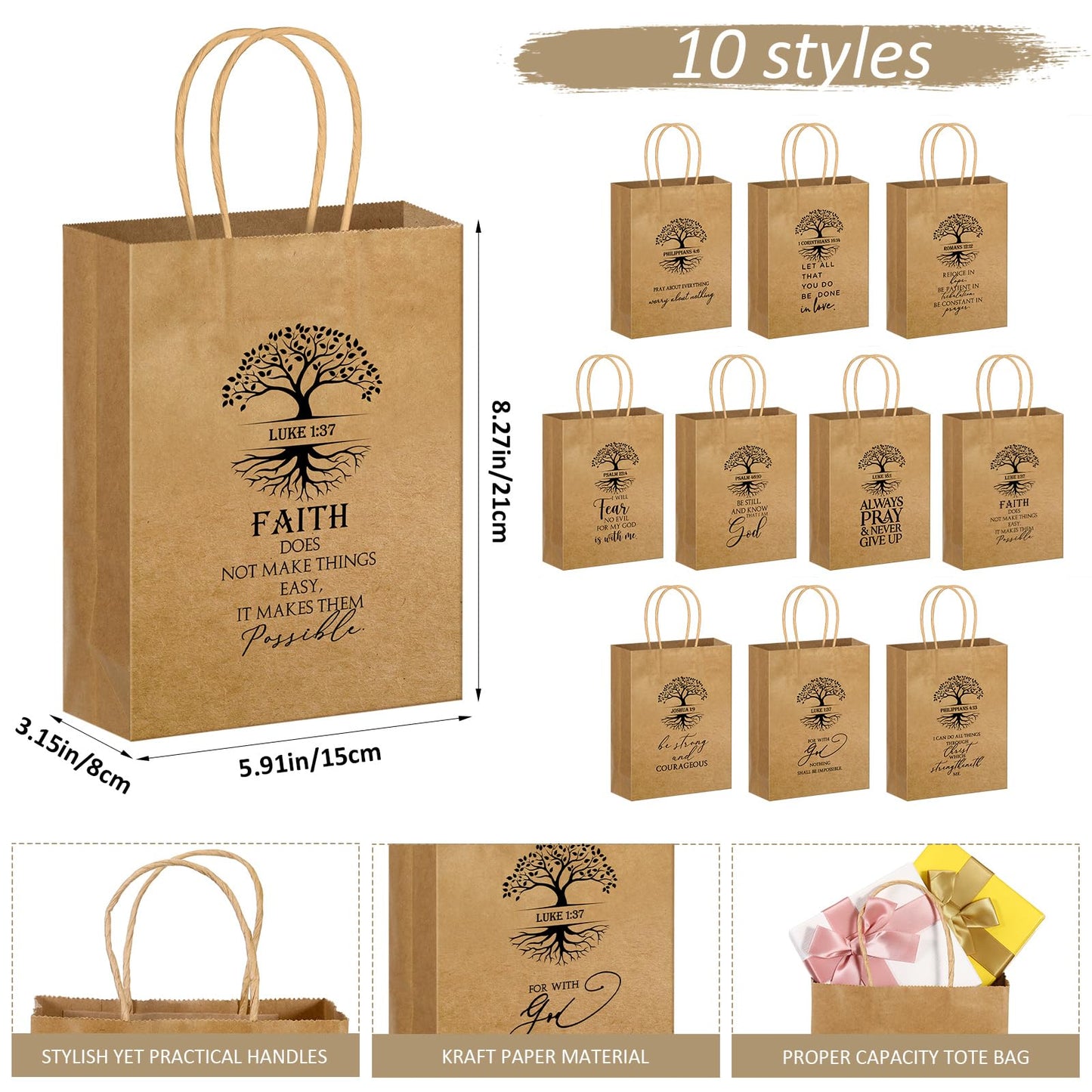 Motipuns 20 Pcs Christian Gift Bags for Father's Day Religious Kraft Paper Bags Bulk with Handle Bible Verse 6 x 3 x 8 Inches for Church Members Baptism Pastor Family