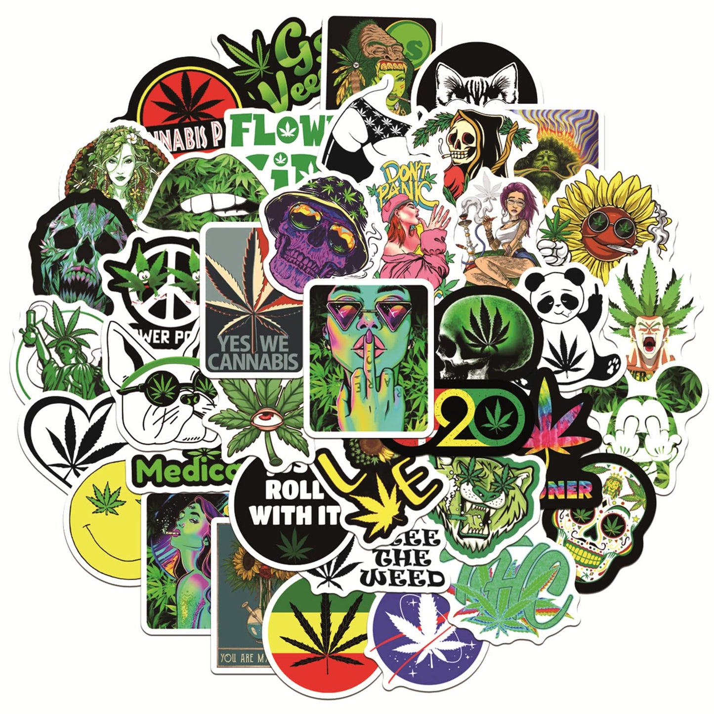 Weed Stickers for Adults, 50PCS Plant Vinyl Waterproof Marijuana Sticker Decals for Skateboard Water Bottles Bikes Luggage Etc.