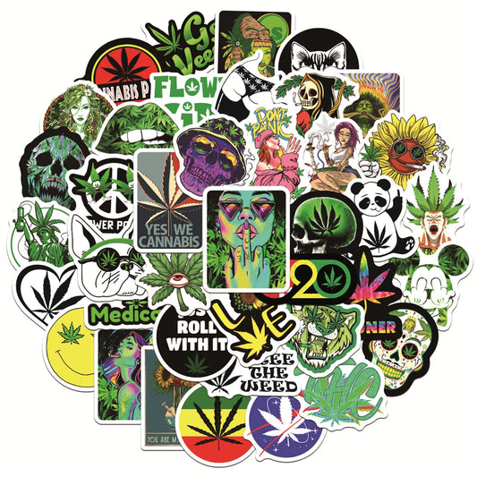 Weed Stickers for Adults, 50PCS Plant Vinyl Waterproof Marijuana Sticker Decals for Skateboard Water Bottles Bikes Luggage Etc.