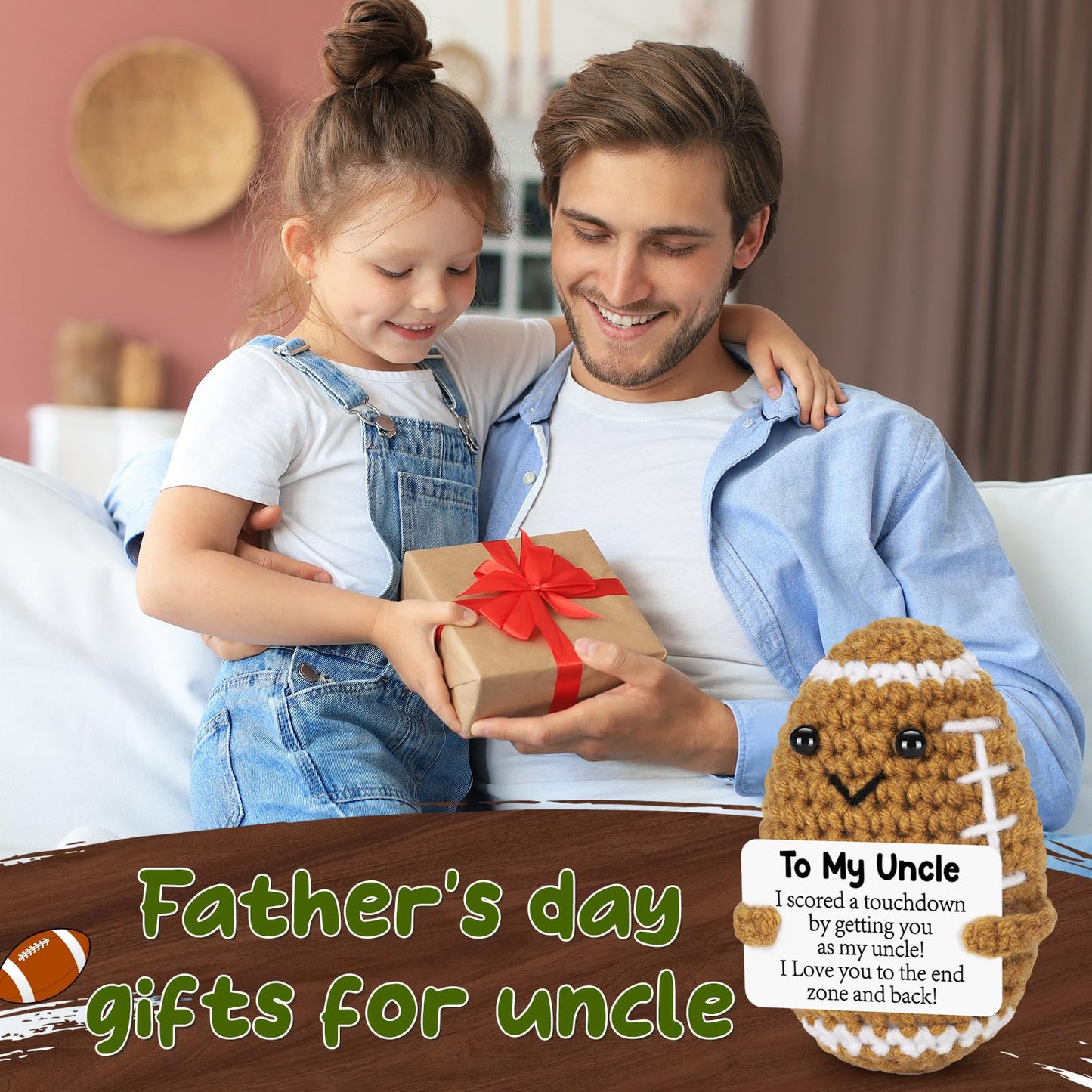 BiuNiuring Uncle Fathers Day Birthday Gifts from Niece Nephew, Father's Day Positive Handmade Crochet Uncle Gifts, Unique Funny I Love You Cute Football Small Gift for Uncles